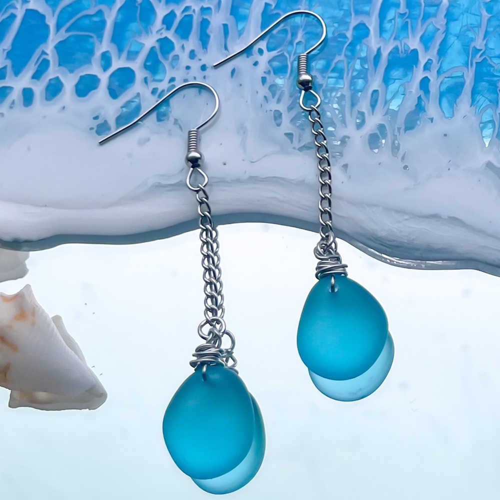 Handmade Blue Sea Glass Dangle Earrings